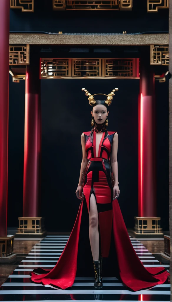 A fashion runway for alien technology , Cyberpunk fashion photography , Inspired by Chinese Xianxia and dark gothic,The fallen gods of Greek mythology,(Best quality,4K,8K,A high resolution,Masterpiece:1.2), (Realistic,Photorealistic,photo-realistic:1.37).