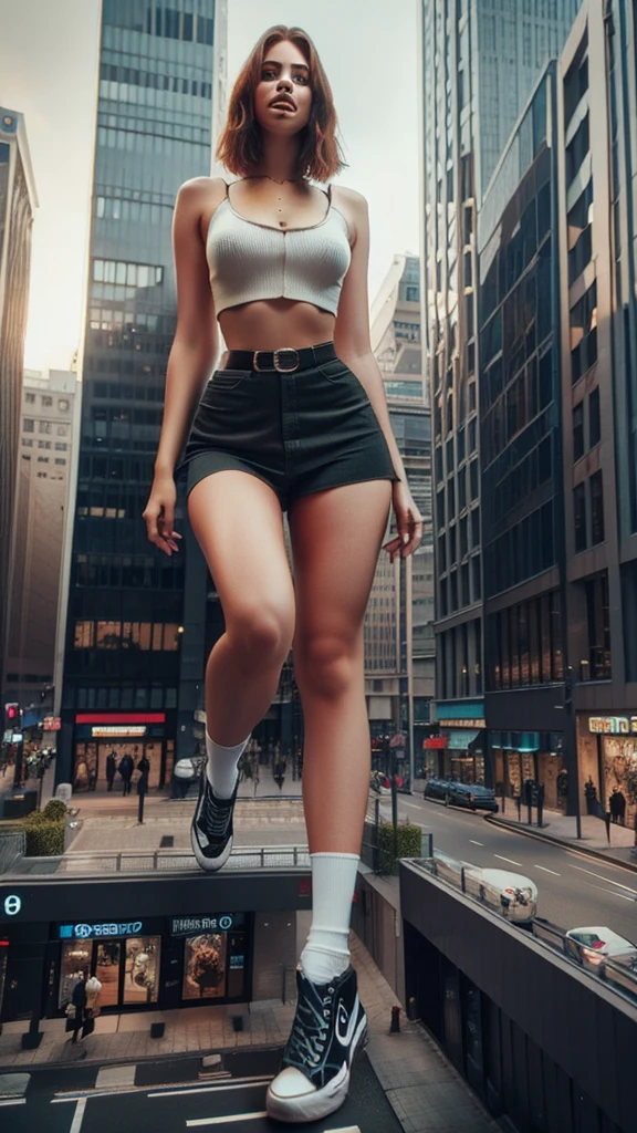 A giant woman sitting on the street playing with a cyberpunk city car, Little guys running around the giant girl, Standing on her hand, cgsociety 9, fantasy art, unreal engine render + a female spirit, whole body cgsociety, artgerm ; Surreal content, giant art, super detailed matte paintings, super detailed matte paintings, realistic fantasy art, realistic style. Beautiful girl. Big thighs."Small people standing on the roof of a tall building waving to the girl."Wearing short skirts.Jennifer Lawrence.
