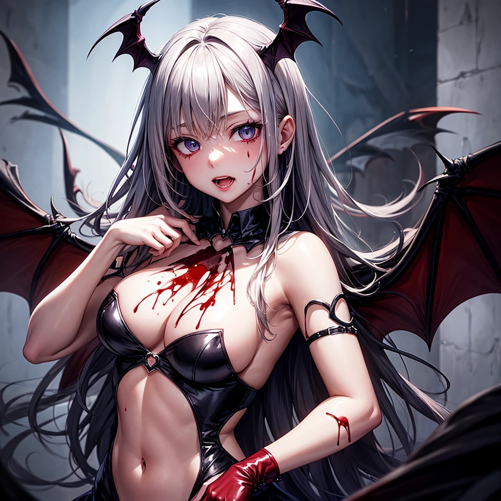 His chest was covered in blood、Anime girl with blood dripping from her chest, Gothic girl anime girl, gapmoe Yandere grimdark, Devil anime girl, Shatia Bradfren, Bad guy anime 8k, Yandere intricate, portrait gapmoe Yandere grimdark, Vampire Girl, bloody + Concept Art, Yandere, Anime style 4K, Detailed digital anime art,Devil Wings,Bat Wings,Splashed blood