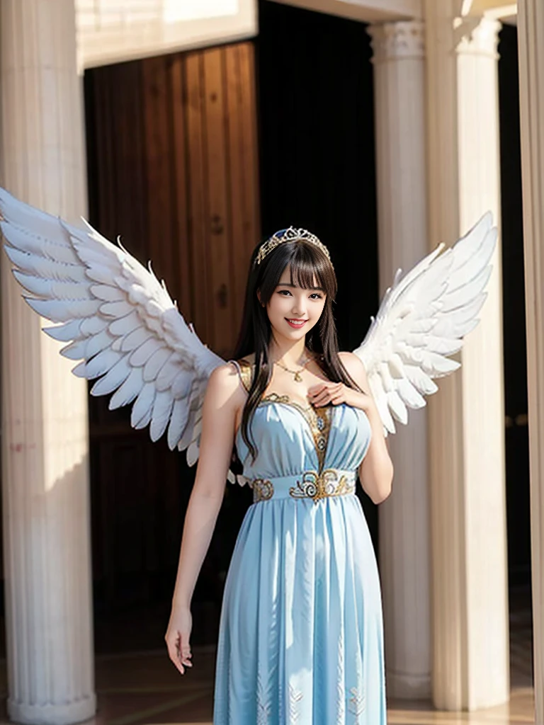 ((Very beautiful angel queen,The final form as a perfect angel, the masterpiece of an angel,Huge and intricate angel wings,The most dignified wings,Golden light,shining background,The most opulent and holy temple background,White and gold temple background,King of Angels,The most dignified angel,Intricate and solemn dresses,Light blue and gold embellishment dress on white,Light blue and gold dress on white base,Complex and majestic angel figure,The most majestic figure of the devil,The most intricately depicted figure of an angel,The World's Most Beautiful,Unimaginable beauties,divine atmosphere,The most intricate and beautiful dresses,Intricate reproduction of the perfect angelic detail,The figure of an unimaginably gorgeous angel,The figure of an unimaginably huge angel)), (((Tyndall effect;1.45))), ((Most beautiful face,Half Japan and half Spanish,The biggest happy smile,Beautiful wavy hair,Black and red hair,The most luxurious and intricate dresses,The biggest smile looking at the camera)),(Elegant standing figure,Fold your hands in front of your navel,)),Chest that seems to burst,Giant wings of angels,The background is the appearance of a perfect angel castle,Masterpiece,8K,very intricate,ultra-detailliert, nsfw