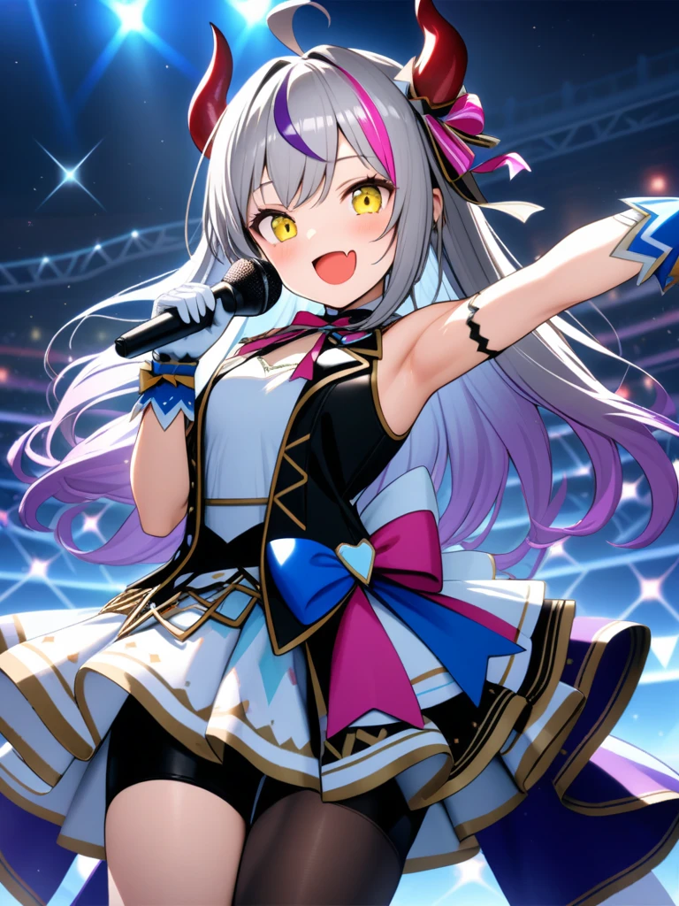 32k, best quality, ultra high res, HDR, UHD, extremely detailed CG, unity 32k wallpaper, 32k, 1girl, solo, long hair, looking at viewer, blush, smile, open mouth, bangs, thighhighs, gloves, dress, holding, standing, yellow eyes, purple hair, ahoge, grey hair, multicolored hair, horns, alternate costume, fang, white gloves, armpits, arm up, official alternate costume, streaked hair, standing on one leg, demon girl, demon horns, bike shorts, single thighhigh, microphone, skin fang, holding microphone, idol, idol clothes, hololive idol uniform,