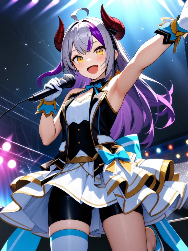 32k, best quality, ultra high res, HDR, UHD, extremely detailed CG, unity 32k wallpaper, 32k, 1girl, solo, long hair, looking at viewer, blush, smile, open mouth, bangs, thighhighs, gloves, dress, holding, standing, yellow eyes, purple hair, ahoge, grey hair, multicolored hair, horns, alternate costume, fang, white gloves, armpits, arm up, official alternate costume, streaked hair, standing on one leg, demon girl, demon horns, bike shorts, single thighhigh, microphone, skin fang, holding microphone, idol, idol clothes, hololive idol uniform,