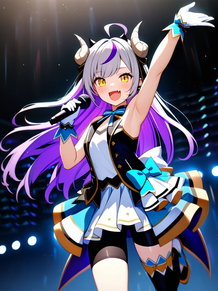 32k, best quality, ultra high res, HDR, UHD, extremely detailed CG, unity 32k wallpaper, 32k, 1girl, solo, long hair, looking at viewer, blush, smile, open mouth, bangs, thighhighs, gloves, dress, holding, standing, yellow eyes, purple hair, ahoge, grey hair, multicolored hair, horns, alternate costume, fang, white gloves, armpits, arm up, official alternate costume, streaked hair, standing on one leg, demon girl, demon horns, bike shorts, single thighhigh, microphone, skin fang, holding microphone, idol, idol clothes, hololive idol uniform,