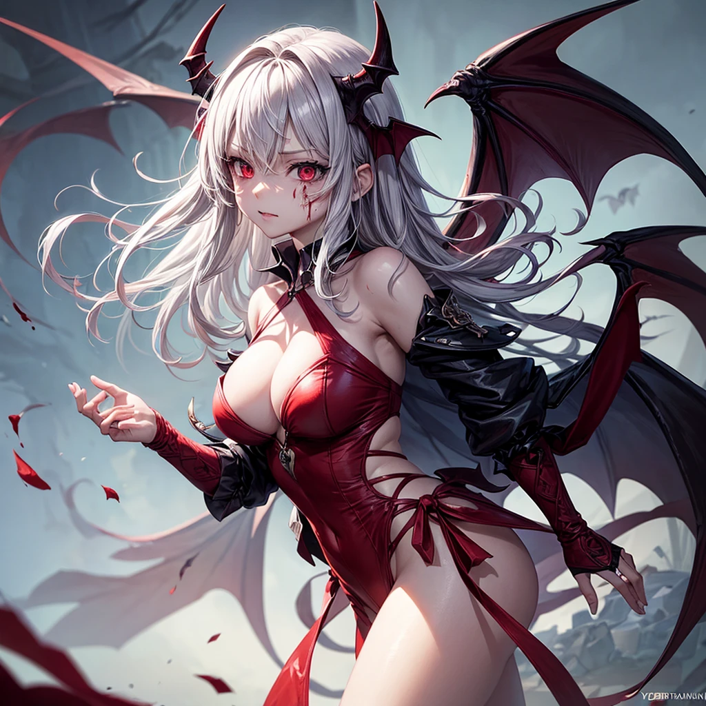 His chest was covered in blood、Anime girl with blood dripping from her chest, Gothic girl anime girl, gapmoe Yandere grimdark, Devil anime girl, Shatia Bradfren, Bad guy anime 8k, Yandere intricate, portrait gapmoe Yandere grimdark, Vampire Girl, bloody + Concept Art, Yandere, Anime style 4K, Detailed digital anime art,Devil Wings,Bat Wings