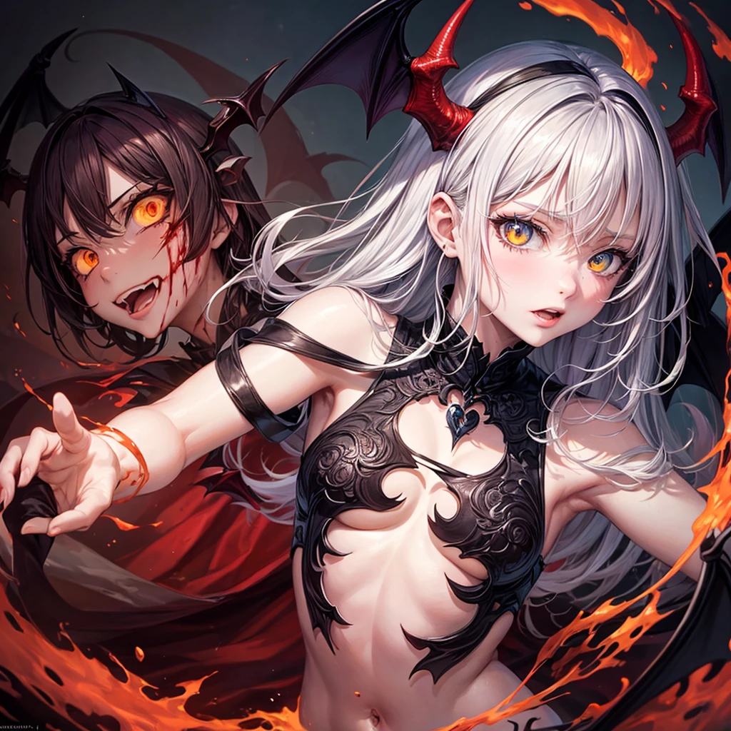 His chest was covered in blood、Anime girl with blood dripping from her chest, Gothic girl anime girl, gapmoe Yandere grimdark, Devil anime girl, Shatia Bradfren, Bad guy anime 8k, Yandere intricate, portrait gapmoe Yandere grimdark, Vampire Girl, bloody + Concept Art, Yandere, Anime style 4K, Detailed digital anime art,Devil Wings,Bat Wings