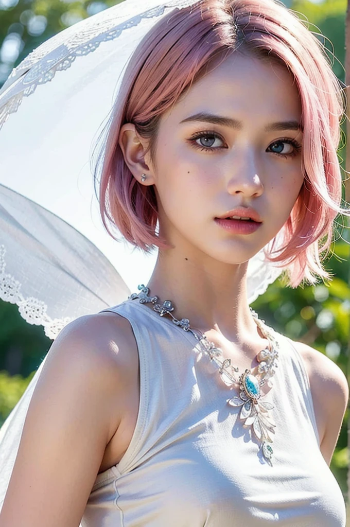 high quality,masterpiece,extremely detailed,high res,4k,ultra high res,detailed shadow,ultra realistic,realistic,dramatic lighting,1girl,solo,detailed face,realistic eyes,realistic skin,pink hair,dynamic pose, dynamic angle, white flowery dress, short hair cut,white background