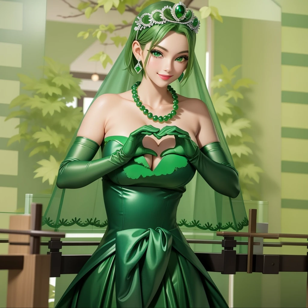 Emerald tiara, Green Pearl Necklace, ボーイッシュな非常に短いGreen Hair, Green Lips, Smiling Japanese woman, Very short hair, Busty beautiful lady, Green Eyes, Green satin long gloves, Green Eyes, Emerald Earrings, Green veil, Heart with both hands, Heart shaped hands, Green Hair, Beautiful Japanese Women, green lip gloss