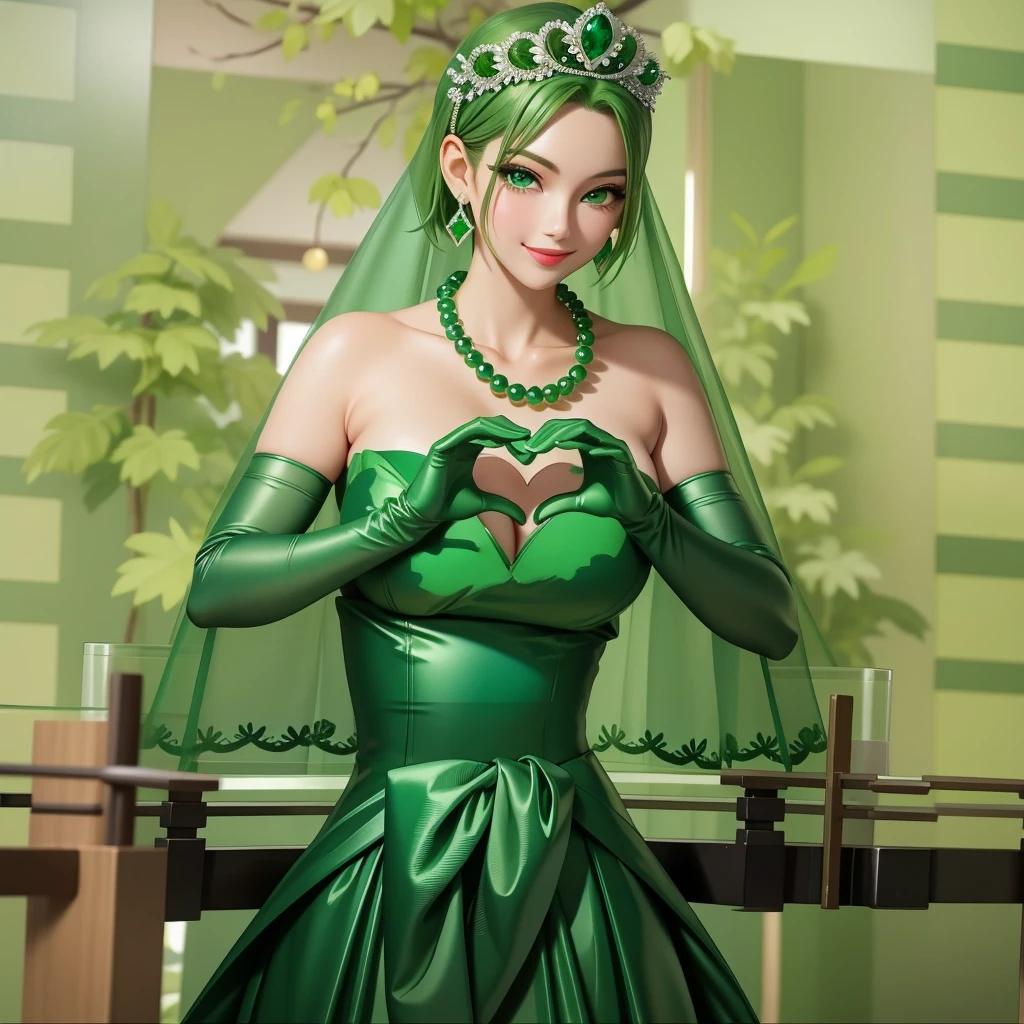 Emerald tiara, Green Pearl Necklace, ボーイッシュな非常に短いGreen Hair, Green Lips, Smiling Japanese woman, Very short hair, Busty beautiful lady, Green Eyes, Green satin long gloves, Green Eyes, Emerald Earrings, Green veil, Heart with both hands, Heart shaped hands, Green Hair, Beautiful Japanese Women, green lip gloss