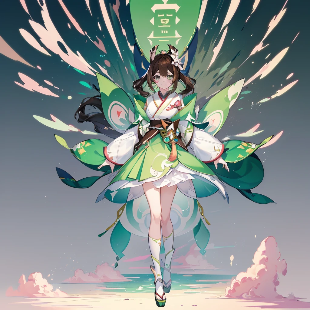 ((Genshin impact style)) (masterpiece), (high quality), 1 girl, 16 years, female body, white skin, freckles, ((long, and wavy DARK-BROWN HAIR)), ((green and bright eyes)), she has a cheerful, kind and sweet expression, pink lips with a big smile, designs from East Asian, Game character costume design, Japanese clothing style with a green and light pink color palette, Japanese hair accessories, ((White background, Cute, bright and colorful details)), ((full body standing panting)), intricate details, lens flare,ultra high resolution,sharp focus,HD,8k,clear facial features,clear details,beautiful eyes,beautiful face