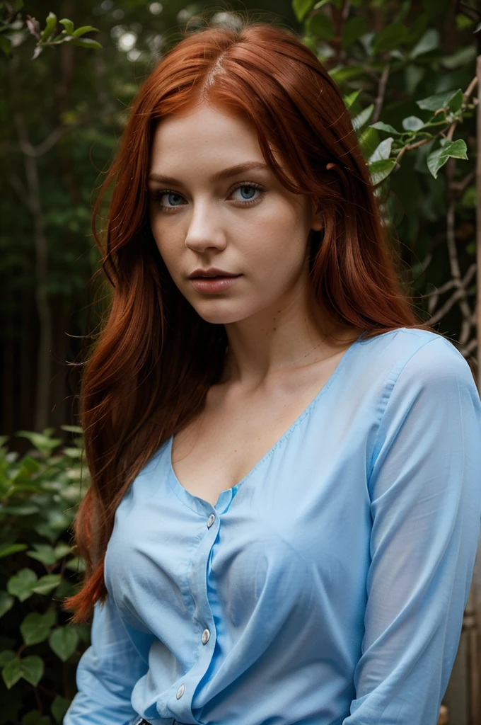 The wife against the background of the evening nature. She has long red hair, with a cool hairstyle, a very sweet and amazing face, blue incredible eyes. Model figure. She is wearing a blouse with a neckline.