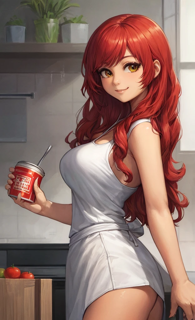 (masterpiece, Best quality, A high resolution, A high resolution:1.2), extremely detailed, realistic, complex parts, waist-length portrait, seductive pose, Shot at eye level, Naomi, beautiful 27 year old Filipina, , Filipina with natural breasts, in a white T-shirt , green apron apron , curly red hair, in cooking, cooking in the kitchen , From Side, smiling. Holding a large can of tomatoes in his hands. portrait