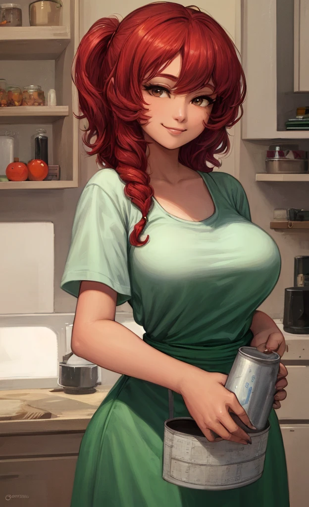 (masterpiece, Best quality, A high resolution, A high resolution:1.2), extremely detailed, realistic, complex parts, waist-length portrait, seductive pose, Shot at eye level, Naomi, beautiful 27 year old Filipina, , Filipina with natural breasts, in a white T-shirt , green apron apron , curly red hair, in cooking, cooking in the kitchen , From Side, smiling. Holding a large can of tomatoes in his hands. portrait