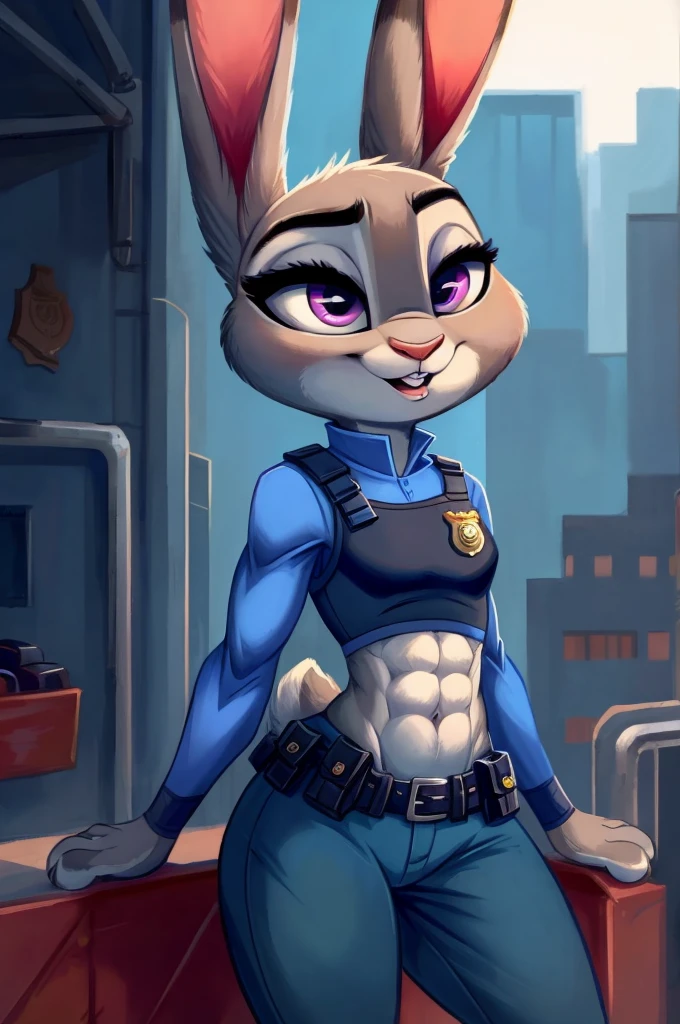 ((best quality)), ((masterpiece)), (detailed), a digital artwork of Judy hopps with abs wearing a crop top of her long sleeve police uniform with her police vest, a bare midriff and a bare navel, ((trending on artstation)), ((4k)), furry, anthro style, 2d style, 