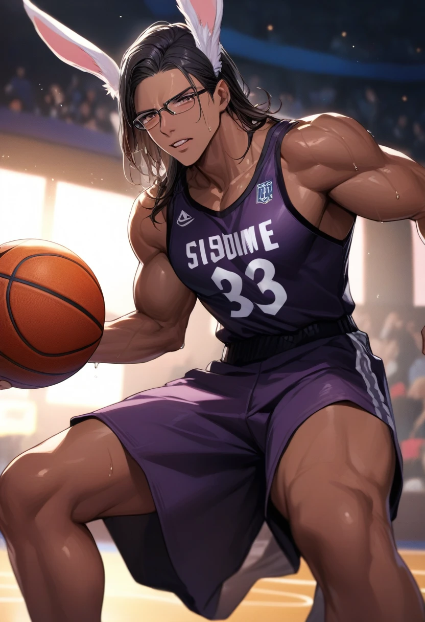 (masterpiece, Highest quality, Absurd), Close-up shot, One boy, Mirkodef, Dark Skin, Muscular, Bunny ears, male, Holding a basketball in one hand, (Underbust), Wearing a basketball jersey, Basketball court, View Wiewer, (Exhausted, sweating),  8k exquisite illustrations, Dynamic pose, Cinema Lighting, Volumetric lighting, Vibrant colors, Ray Tracing, Intricate details, Black Hair,Glasses,