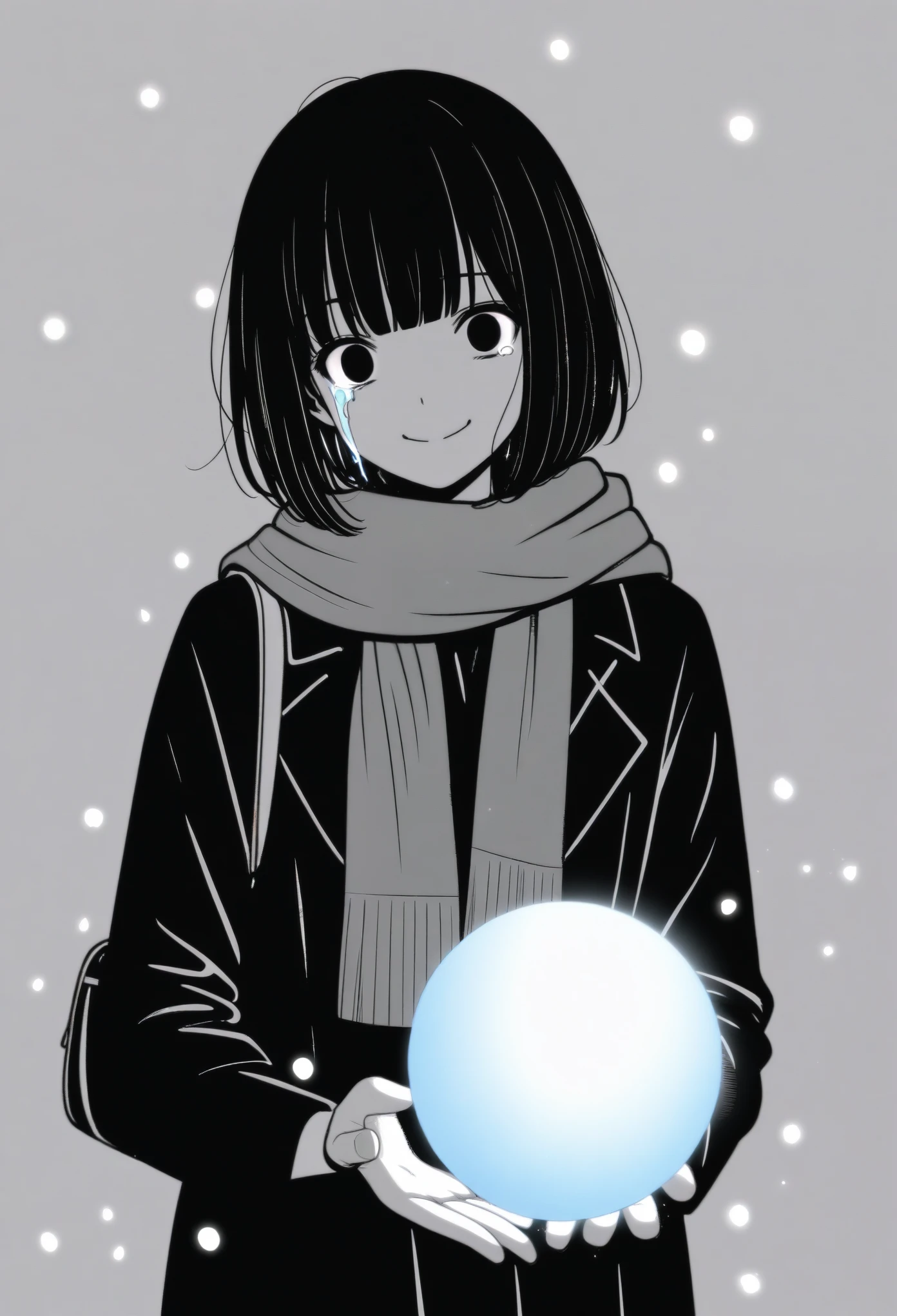 masterpiece, best quality, 1girl, mamerakkkkko, grayscale, manga style, japanese, chi no wadachi, black eyes, street, iced, black hair, schoolbag, smile, lineart, black coat, black scarf, black pleated skirt, leggings, centered, 18 years old, tall, fair skinned, bokeh background, crying, tears, tears streaming, bob cut, light particles, snowing, (((holding glowing blue orb, perfect hand, detailed hand:1.1)), emotional anime scene
