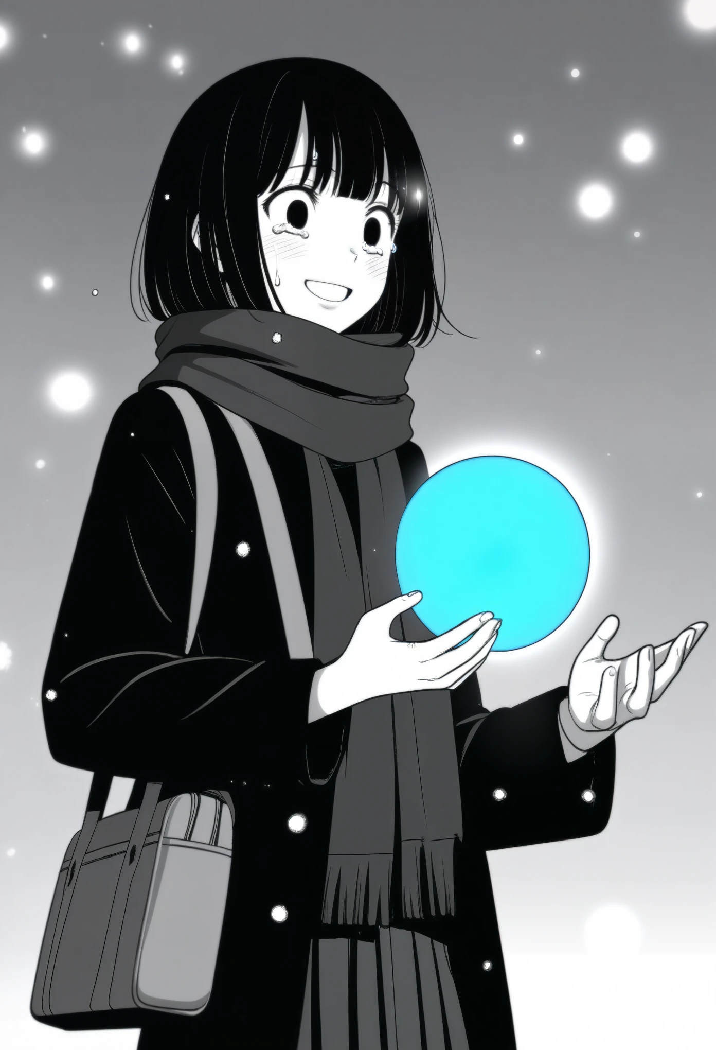 masterpiece, best quality, 1girl, mamerakkkkko, grayscale, manga style, japanese, chi no wadachi, black eyes, street, iced, black hair, schoolbag, smile, lineart, black coat, black scarf, black pleated skirt, leggings, centered, 18 years old, tall, fair skinned, bokeh background, crying, tears, tears streaming, bob cut, light particles, snowing, (((holding glowing blue orb, perfect hand, detailed hand:1.1)), emotional anime scene
