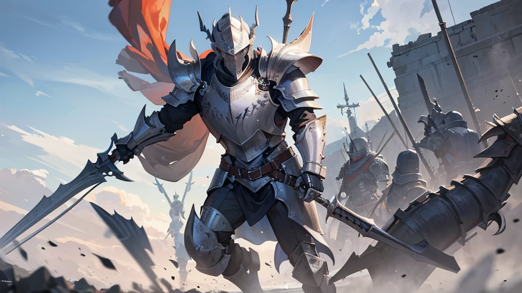 absurdres, high res, ultrasharp, 8K, masterpiece, 5 fingers each hand, 1 knight, 1 male, armor, full plate armor, field background, helmet