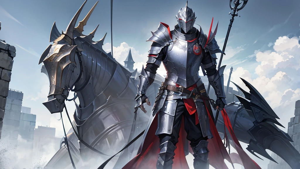 absurdres, high res, ultrasharp, 8K, masterpiece, 5 fingers each hand, 1 knight, 1 male, armor, full plate armor, field background, helmet