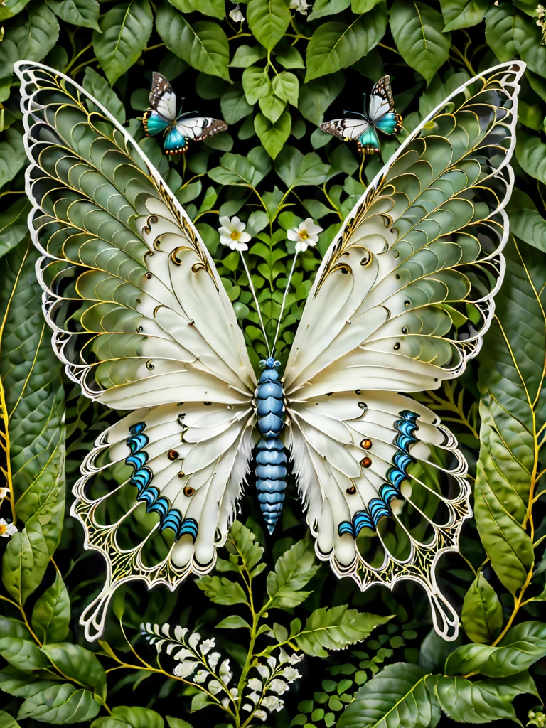 A high-resolution (symmetry image) of (a giant butterfly:1.5), exclusively in ((black and white colors)), with intricately detailed (feathery wings:2). The butterfly’s wings have delicate, creating a striking monochromatic contrast. The background is filled with a lush arrangement of flowers in various stages of bloom, green leaves, and intertwining vines. The natural elements provide a vivid, colorful setting that enhances the dramatic black and white butterfly. The scene is brightly lit, highlighting the textures and details of the butterfly’s wings and the surrounding foliage.