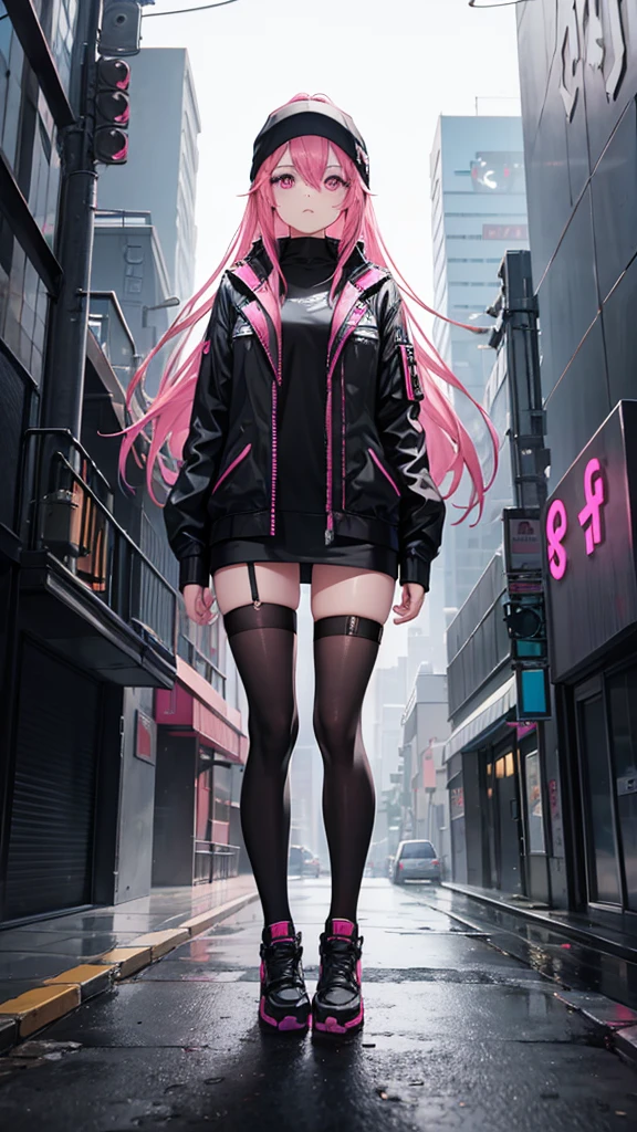 A pink haired woman with violet eyes with an hourglass figure in a sexy police uniform is posing in the streets