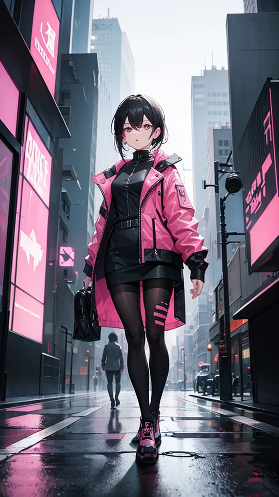 A woman in black and pink cyberpunk outfit standing in city full body