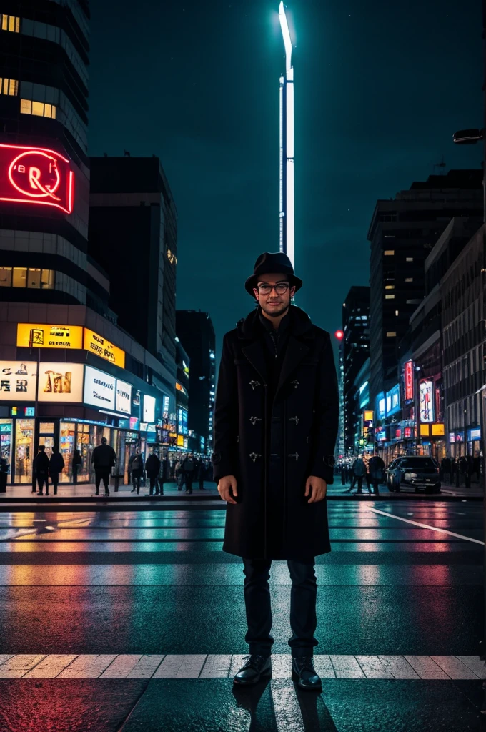 1men, solo, glasses, black hair, long hair, duffle coat, black bag, smile, looking at viewer, solo focus,
shibuyaSK, night, road, city, street, crosswalk, multiple boys, scenery, sign, outdoors, real world location, lamppost, building, cityscape, 6+boys, traffic light, sidewalk, car, neon lights, sky, pavement, hat, skyscraper, vanishing point, night sky
masterpiece, best quality, 
