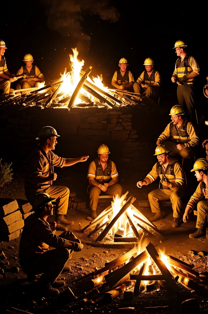 miners celebrating around the fire 