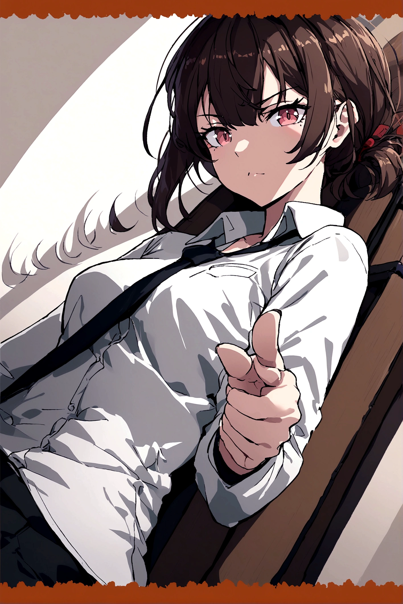 Girl wearing suit hot pointing finger gun with seductive looks