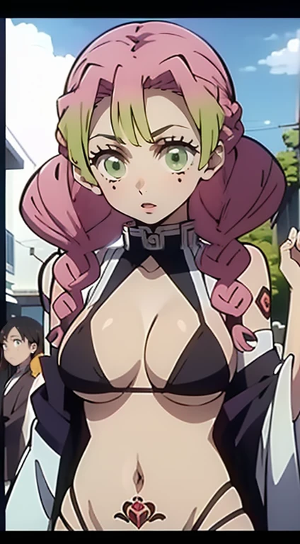 a 1girl, Japanese ocean, beach, beautiful big breasts, rose hair, Bright green color at the ends of the hair,  MitsuriKanroji,stands in full growth in pink micro bikini,  (Body Full 1:1), Dazzling, smil, chest, In art: Demon Slayer, Demon Slayer Art Style, badass anime 8 k, Demon Slayer, Anime Key Art, 4 k manga wallpapers, kimetsu no yaiba, anime wallaper, Ultra Transparent, Ultra Detailed, very extremely beautiful, very extremely beautiful, beautiful breasts, (tmasterpiece, beste-Qualit), belly tattoo, sucubbus tattoo