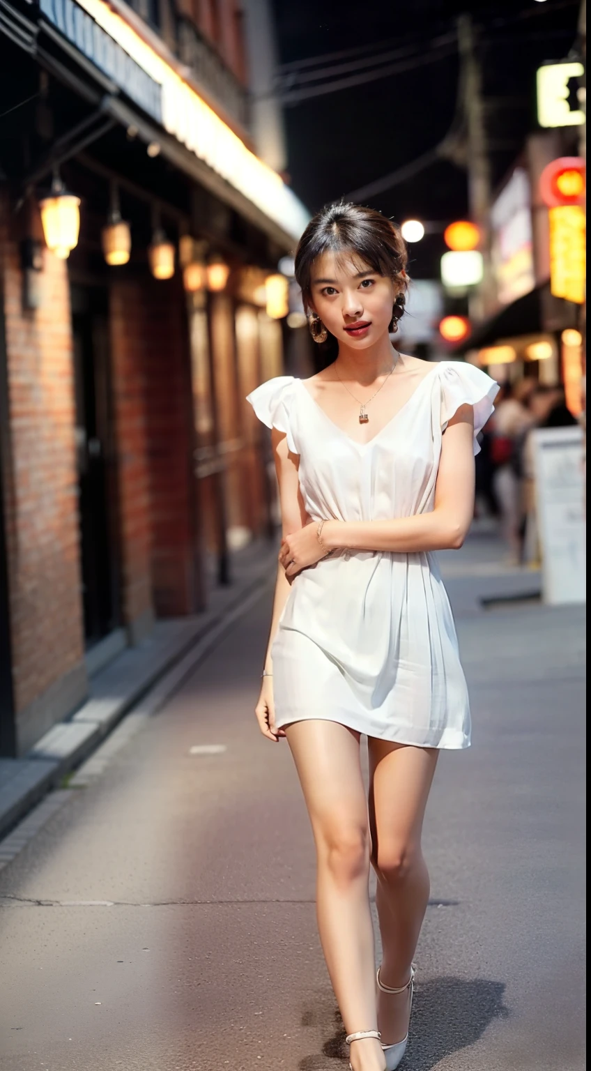 8K, masterpiece, RAW Photos, Highest quality, detailed:1.2),Realistic, Extremely detaileded Cg Unity 8K wallpapers, Written boundary depth, Cinematic Light, Lens flare, Ray Tracing, (Very beautiful face, Beautiful Lips, Beautiful Eyes), intricate detailed face, ((ultra detaileded skin)) One Girl, In the Dark, Deep Shadow, Cute Korean Girl, K-POPアイドル,(Very slim and slender muscular body:1.3), ((Viewer Display)),(Big smile), (フルヌードボディのFull Body Shot), (Injection Sleeve) , (City night, (Neon Signs), Dim lighting, rooftop, terrazzo, (night), Cute Korean Girl, Earrings, Bangles, necklace, pantyhose, Clear Eyes, walking , (Pale skin), look forward to, (Big eyes), ((Full Body Shot)), Wear tight, Transparent Dress, (See-through dress), Very slim, reputational damage, Updo, Sitting, bed, front, Spread your legs
