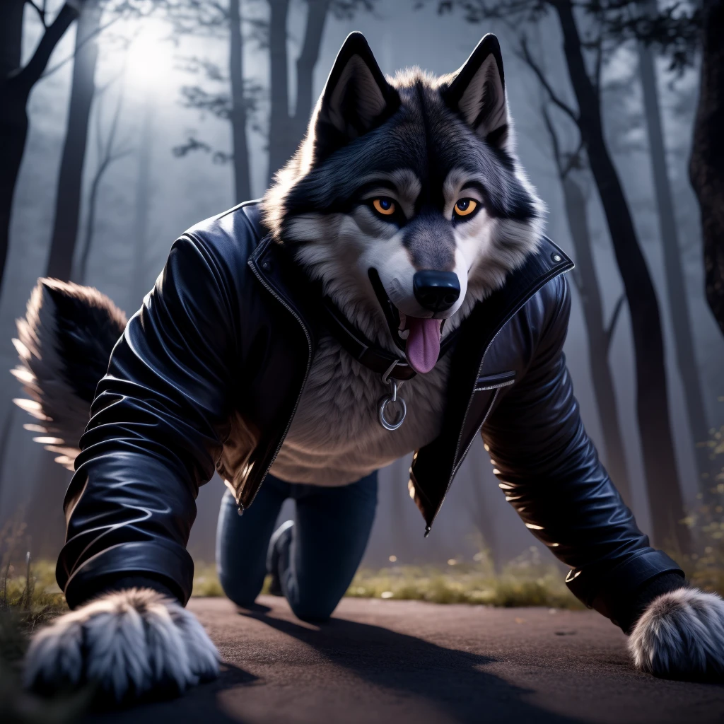 Running on all fours, Male, 30 years old, happy, mouth open with tongue hanging out, black leather jacket, anthro, wolf ears, (black fur:1.5), wolf, forest background, 8k, hi res, (best quality, masterpiece), (wolf tail:1.5), detailed fur, solo, looking at camera, night, leashing and collar, blie jeans,