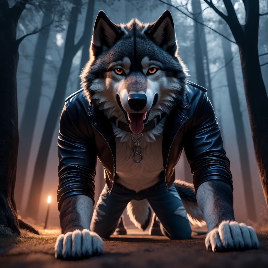 Running on all fours, Male, 30 years old, happy, mouth open with tongue hanging out, black leather jacket, anthro, wolf ears, (black fur:1.5), wolf, forest background, 8k, hi res, (best quality, masterpiece), (wolf tail:1.5), detailed fur, solo, looking at camera, night, leashing and collar, blie jeans,