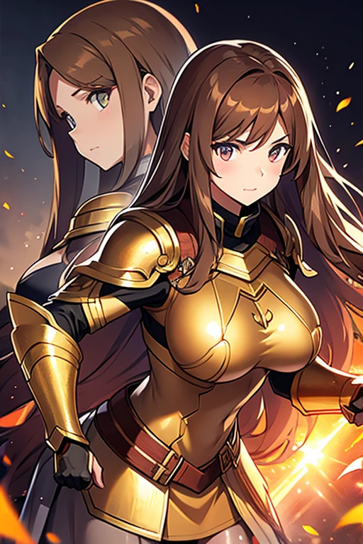 girl, long brown hair, amber eyes, big breasts, bronze metal armor .