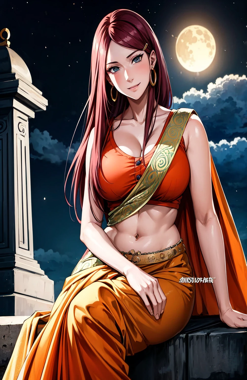 uzumaki_kushina,massive large_breasts, large thighs,large_ass, solo, green shirt,shirt up,navel, ponytail,tight dress, short skirts, masterpiece, best quality, detailed face, detailed eyes, highres, (masterpiece:1.4, best quality:1.2), (Highres), (Detailed Illustration), Ultra-Detailed, konohagakure, leg spread,looking in front, smiling playfully with a mischievous glint in the eyes