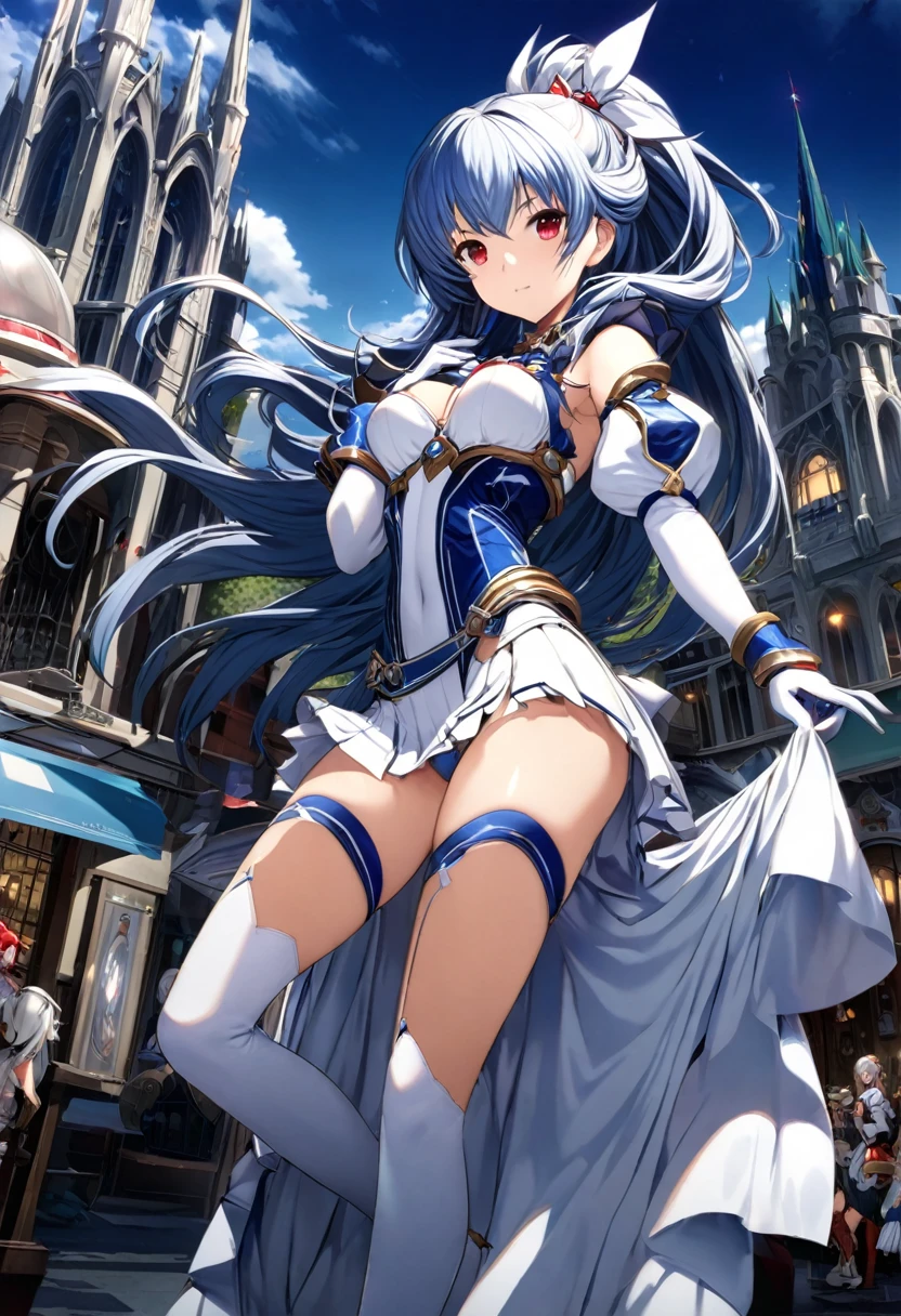 Highest quality、unity 8k wallpaper、32k、masterpiece、Very detailed、Ultra-high resolution、Very detailedな顔, RAW Photos, Professional, Ultra-fine painting, Blue Hair、Princess Half Up、Red Eyes、20Women in their early s、Magic Warrior、Blue and white leotard、White pleated skirt with blue lines、Half puff sleeves with shoulder pads、A large white ribbon with a large sapphire on the chest、White and blue long gloves、White and blue thigh-high stiletto boots、Full Body