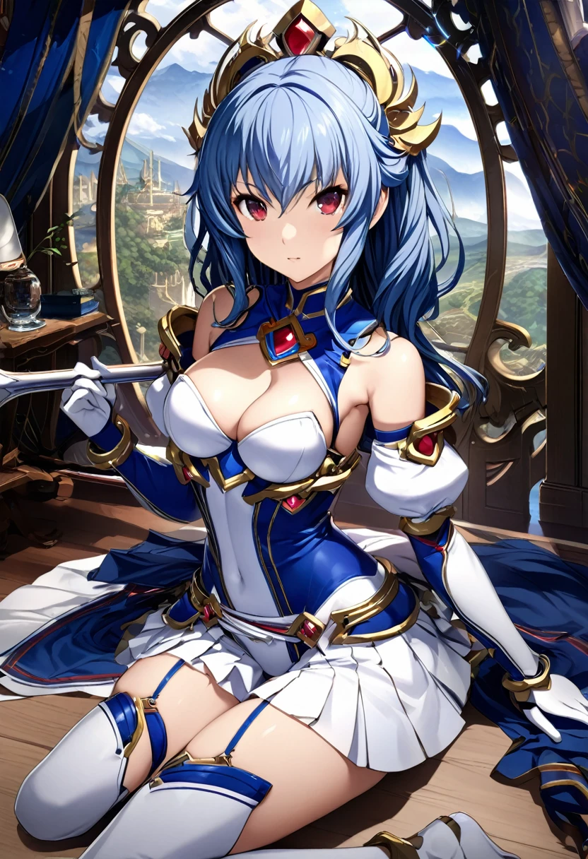 Highest quality、unity 8k wallpaper、32k、masterpiece、Very detailed、Ultra-high resolution、Very detailedな顔, RAW Photos, Professional, Ultra-fine painting,　Blue Hair、Princess Half Up、Red Eyes、２０Women in their early teens、Magic Warrior、Blue and white leotard、White pleated skirt with blue lines、Half puff sleeves with shoulder pads、A large white ribbon with a large sapphire on the chest、White and blue long gloves、White and blue thigh-high stiletto boots、Full Body