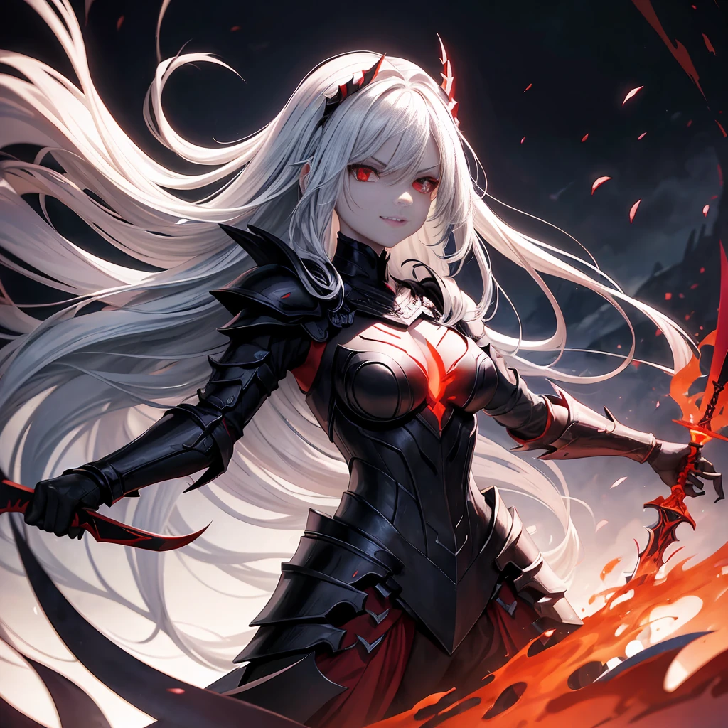 The image depicts a character with silver hair and red eyes, emanating a powerful and dark aura. She is dressed in intricate black armor, adorned with red accents that suggest high rank or status. The armor appears to be made of overlapping plates or scales, giving it a formidable, almost draconian appearance. In her hand, she holds a greatsword that appears to radiate an ominous energy, with the blade emitting an intense red glow that contrasts sharply with the dark setting. The background is shrouded in shadows, highlighting the menacing vibe of the character, who stands confidently in the midst of this darkness. Her hair flows wildly, as if caught by an invisible wind. Her expression is one of pure satisfaction or malice, displaying a row of sharp teeth that contribute to her intimidating presence. This image shows an animated character that could be from a video game or graphic novel, which makes it interesting due to the detailed art and strong visual impact. Here is the prompt for image creation: “Create a replica female character with silver hair and red eyes, wearing black armor detailed with red accents, holding a greatsword with glowing red blade. The character is smiling with his mouth open, showing sharp teeth, which contributes to the threatening and beautiful aesthetic. The background is dark, with subtle touches of red, complementing the overall dark and striking theme of the artwork.