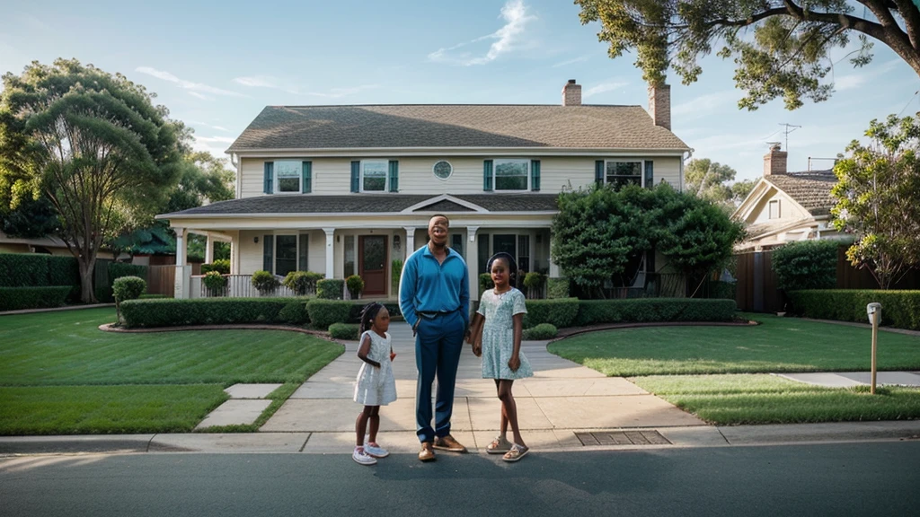 A picturesque suburban neighborhood with neatly trimmed lawns and children playing. Will Smith stands in front of a charming two-story house, smiling warmly