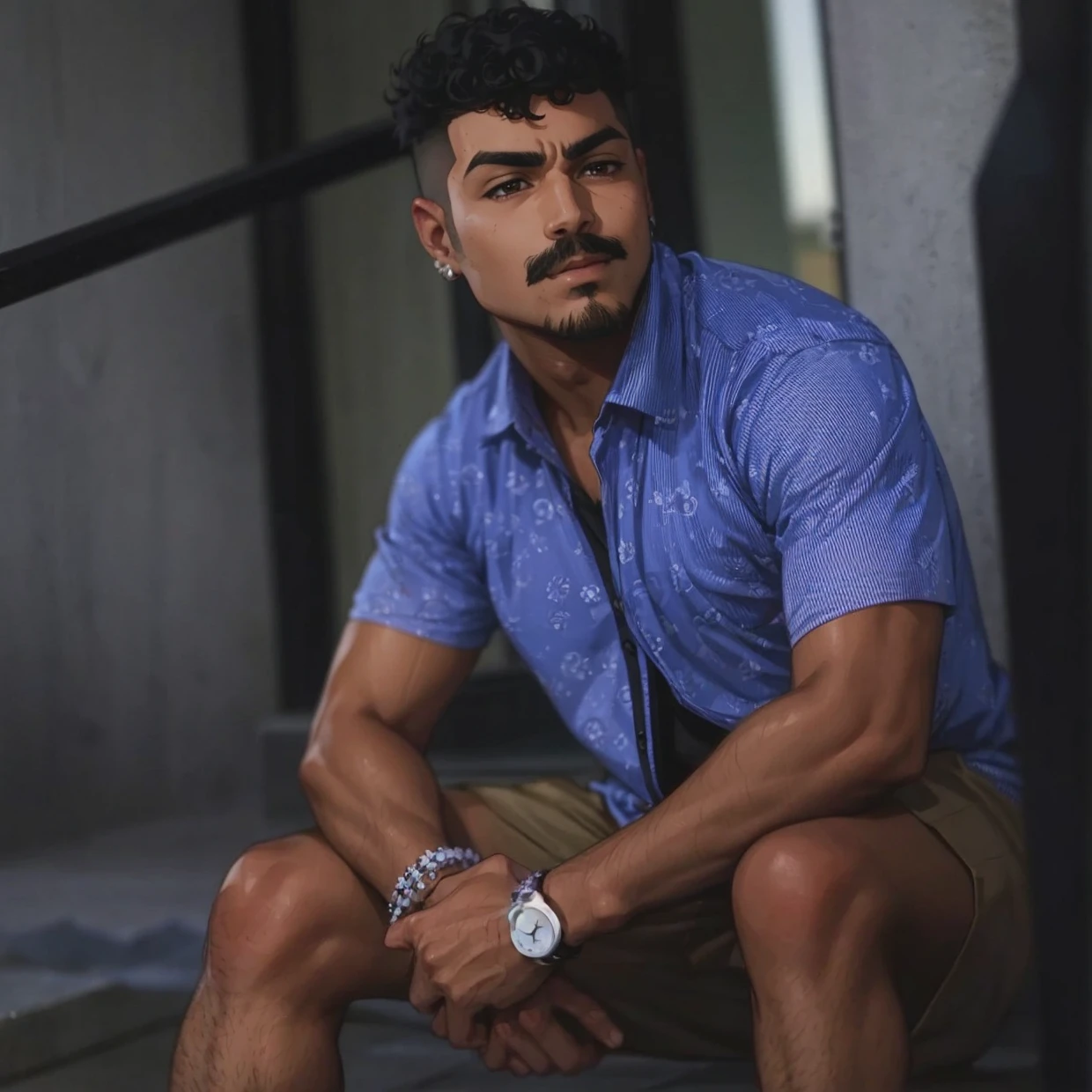 attractive, latino man, curly hair, mustache, shonen anime