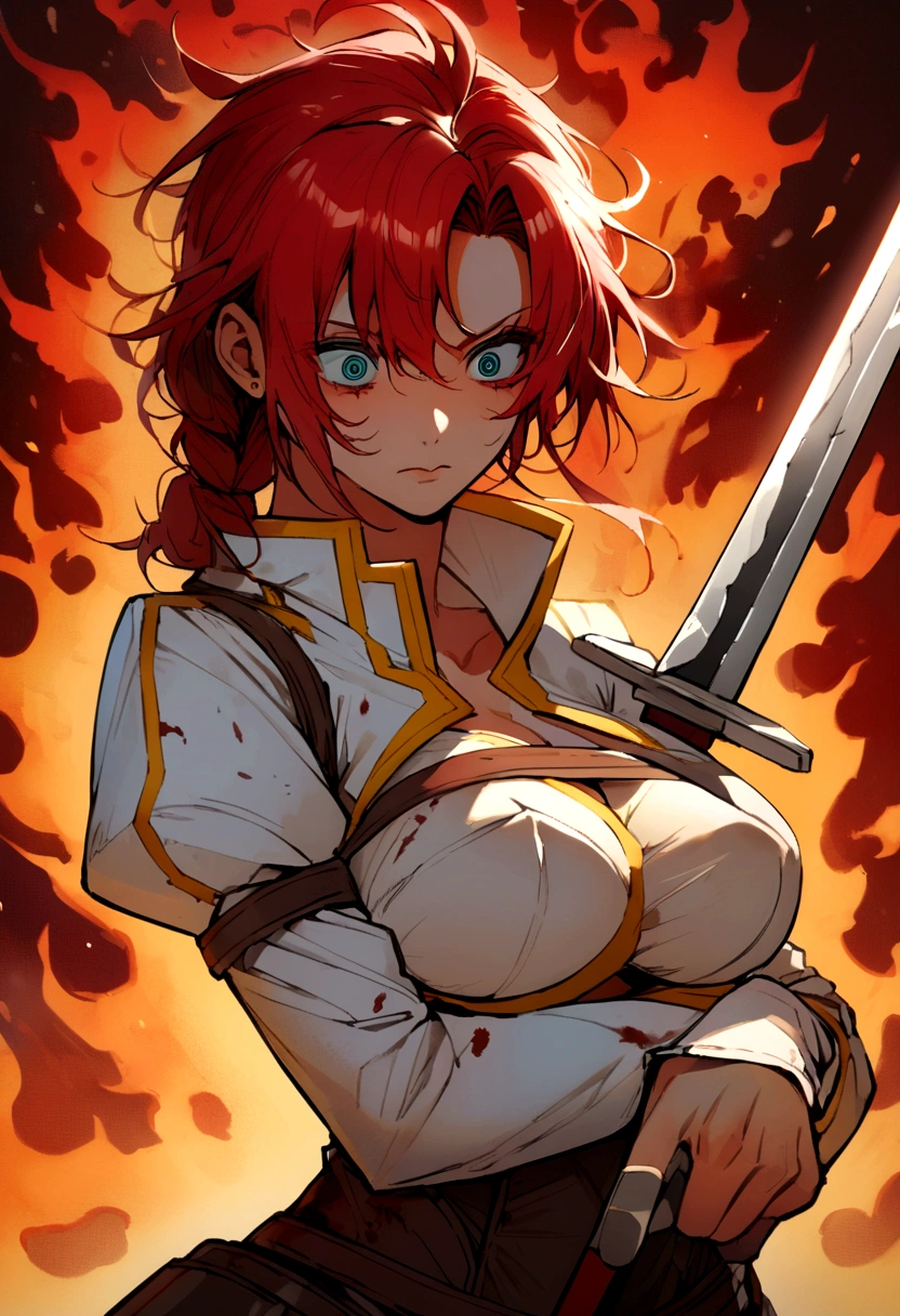 boudica \(destiny\), long red hair ,to bleed,bloodshot eyes,gorgeous,Hold a broken sword,burning background,messy hair,tattered clothes,