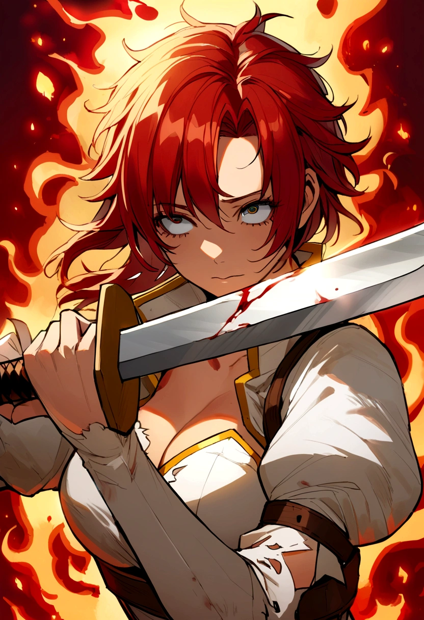 boudica \(destiny\), long red hair ,to bleed,bloodshot eyes,gorgeous,Hold a broken sword,burning background,messy hair,tattered clothes,