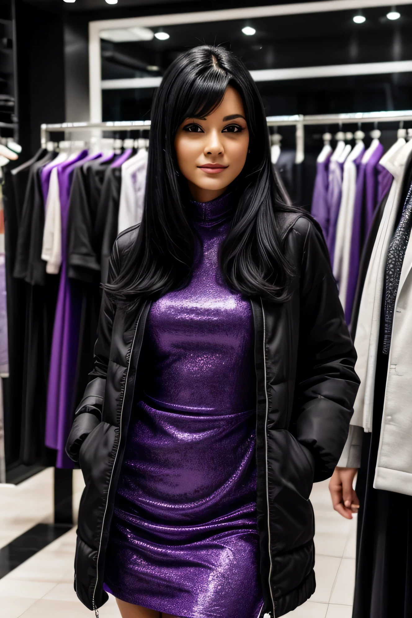 woman, black hair, purple dress, with long stuffed jacket, in a fashion store, looking at the camera
