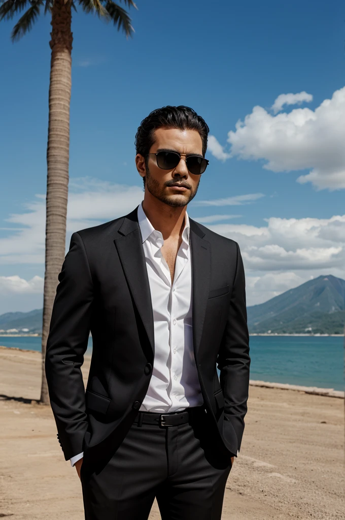 A man wear black suit and black sunglasses man stands on right png image