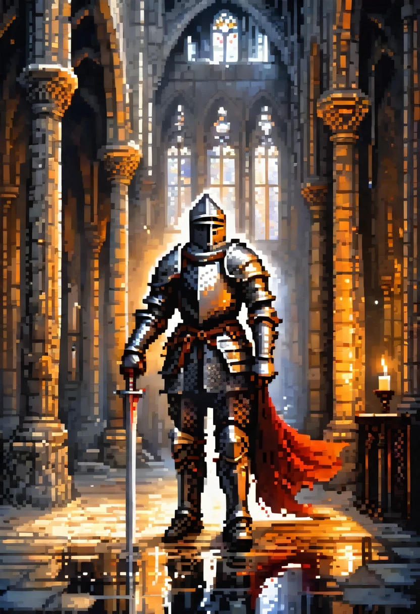 Fish-eye lens, Portrait photo of a medieval knight inside a gothic church, wet stone, puddles, infinite vaults, Transmitted by blood, dramatic light, subtle, candle light, pixel art