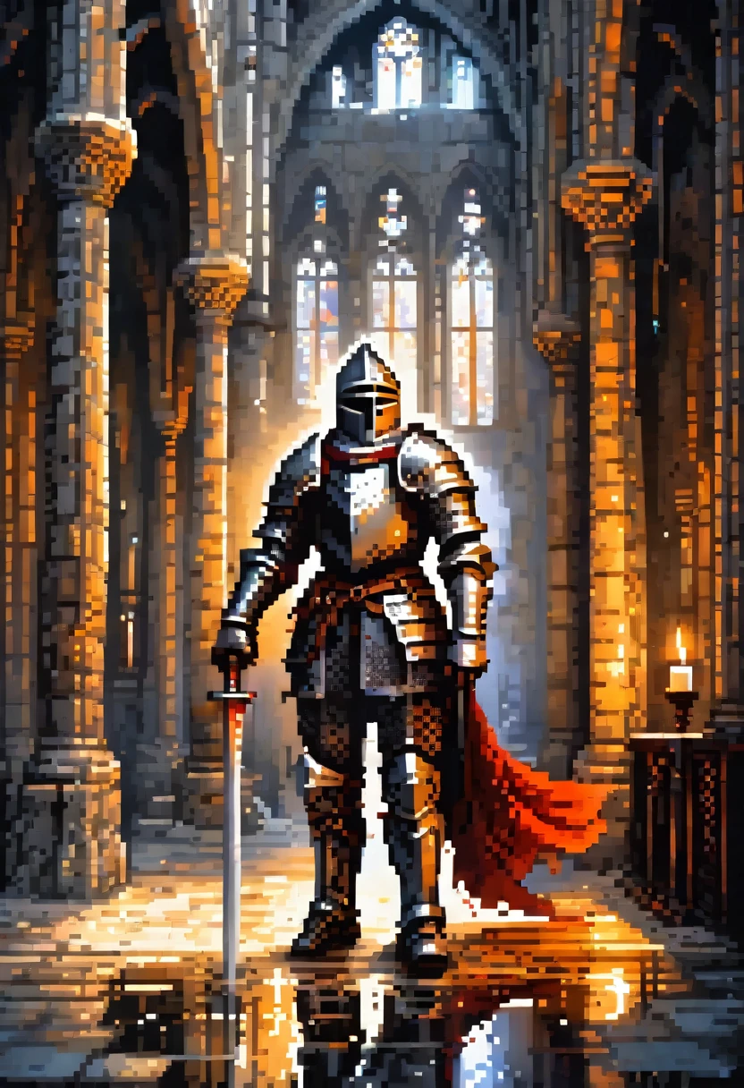 Fish-eye lens, Portrait photo of a medieval knight inside a gothic church, wet stone, puddles, infinite vaults, Transmitted by blood, dramatic light, subtle, candle light, pixel art