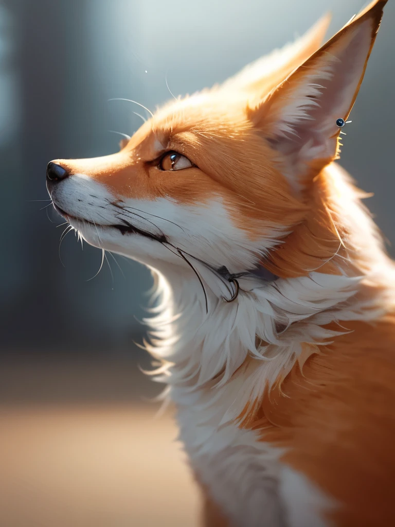 The fox and the dog、Cute and gentle、Sharp eye focus、original、Supernatural、Another world、Ultra Detail、bright fur、Magic Lighting、trajectory、 Light dust、beautiful、Cinematic lighting、 Bokeh effect