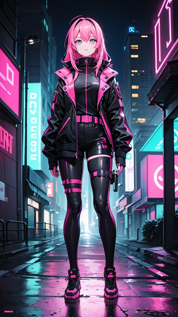 A woman in black and neon pink cyberpunk outfit full body