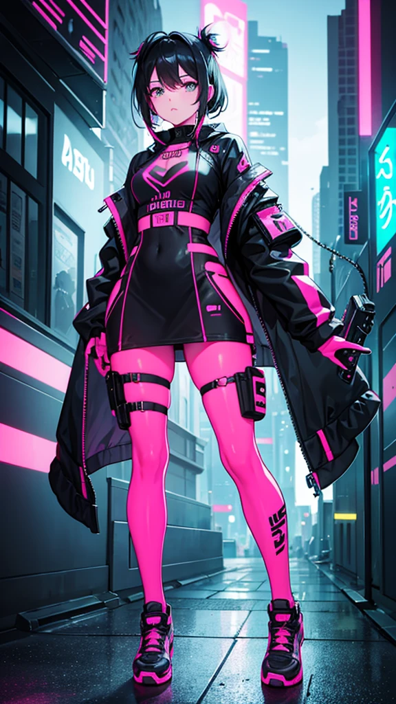 A woman in black and neon pink cyberpunk outfit full body