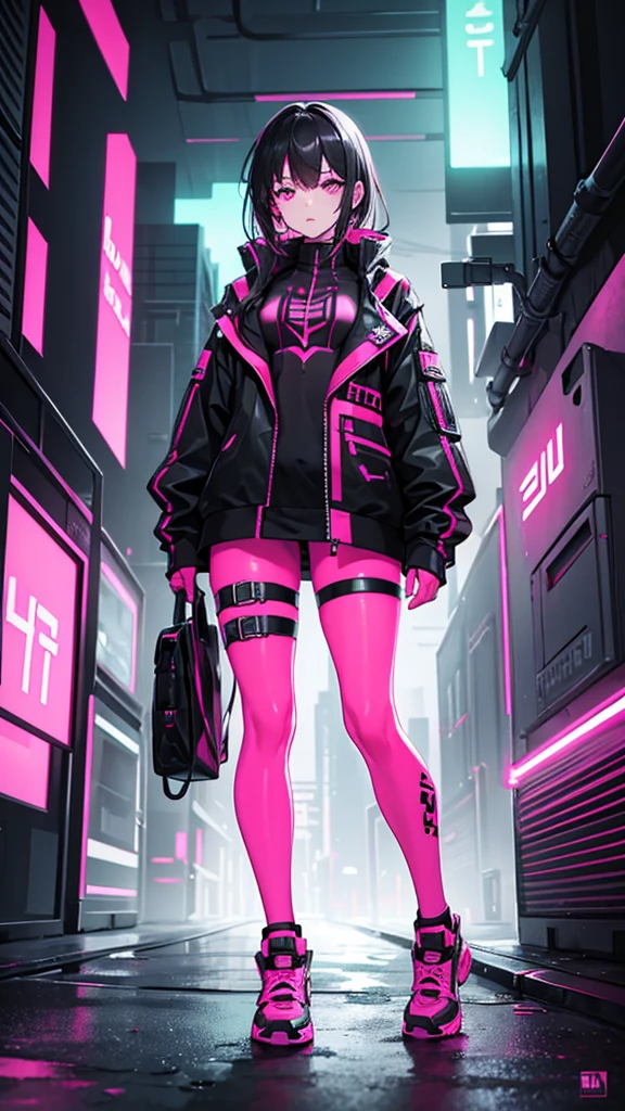 A woman in black and neon pink cyberpunk outfit full body