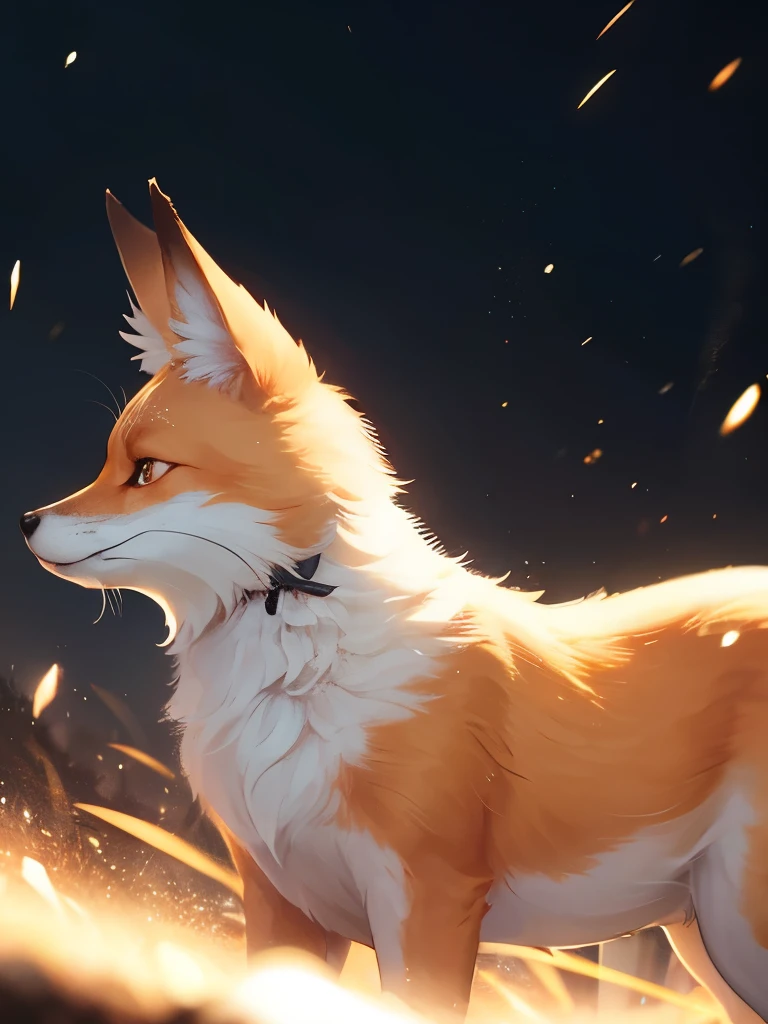 The fox and the dog、Cute and gentle、Sharp eye focus、original、Supernatural、Another world、Ultra Detail、bright fur、Magic Lighting、trajectory、 Light dust、beautiful、Cinematic lighting、 Bokeh effect